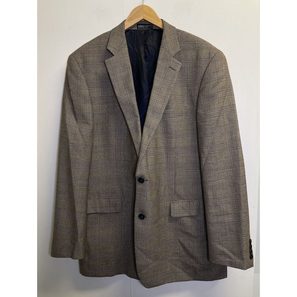 Nautica Wool 2 Button Sport Coat 44L‎ Light Brown Glen Plaid Blazer Jacket